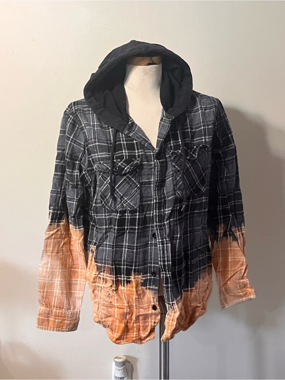 No Boundaries Black and Orange Plaid Hooded Shirt Jacket
